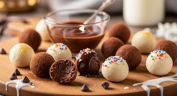 Vista cercana de bolitas de chocolate y leche en una tabla de madera, algunas con cacao en polvo, otras con chispitas de colores y una con chocolate derretido.