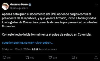 Gustavo Petro pidió a los abogados del país denunciar a los magistrados del CNE implicados en la investigación a su campaña por cometer el delito de prevaricato - crédito @petrogustavo/X