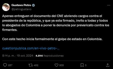 Gustavo Petro pidió a los abogados del país denunciar a los magistrados del CNE implicados en la investigación a su campaña por cometer el delito de prevaricato - crédito @petrogustavo/X