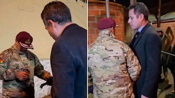 Composición de dos fotos de un hombre con saco oscuro frente a un militar con traje de camuflaje y boina