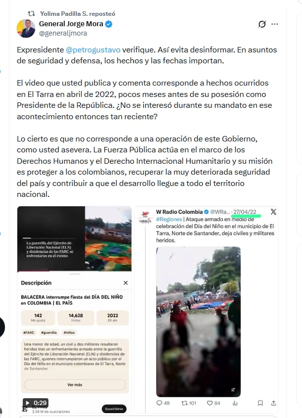 El ministro de Defensa, general (r) Jorge Mora, desmintió al expresidente Gustavo Petro sobre información que publicó de un bombardeo ejecutado en El Tarra - crédito @generaljmora/X