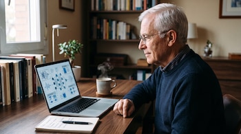Hombre de cabello blanco y gafas frente a una computadora portátil, una taza humeante, una libreta y estanterías con libros en una habitación.