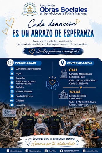 La Policía Metropolitana de Cali habilitó centros de acopio en Cali y Tuluá para canalizar las donaciones destinadas a los policías y sus familias - crédito AOS