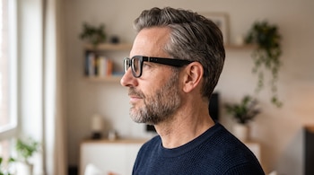 Perfil de un hombre con barba corta y suéter azul que lleva gafas negras en el interior de una casa.