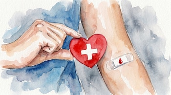 Ilustración acuarelada de una mano señalando un corazón rojo con cruz blanca, junto a un brazo con un apósito con una gota de sangre.