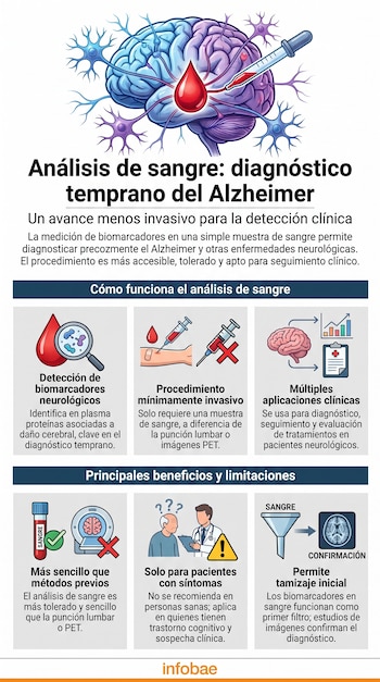 Ilustración de cerebro, neuronas, gota de sangre y pipeta. Abajo, iconos de análisis de sangre, jeringa, tubo de ensayo, escáner y médicos.