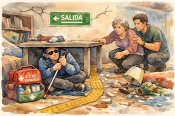 Ilustración de hombre con gafas de sol y bastón blanco bajo mesa, kit de emergencia. Dos personas agachadas, grietas en pared, libros y señal de salida.