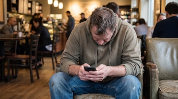 Hombre con sudadera verde y pantalones vaqueros azules sentado en silla, mirando su teléfono móvil. Fondo borroso de una cafetería con clientes.