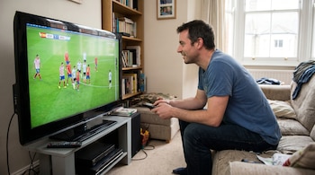 Un hombre caucásico de mediana edad, con camiseta azul y vaqueros, sentado en un sofá viendo un partido de fútbol España contra Argentina en un televisor.