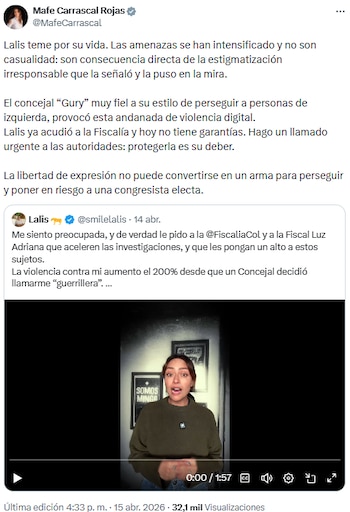 Mafe Carrascal responsabilizó a la estigmatización por amenazas contra Lalis y exigió protección estatal - crédito @MafeCarrascal/X