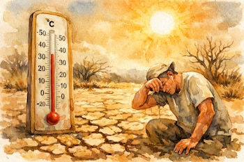 Un termómetro marcando alta temperatura, un hombre agachado afectado por el calor, suelo seco y agrietado, sol brillante, árboles secos.