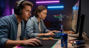 Un hombre y una mujer con auriculares juegan en una computadora, mostrando preocupación y concentración. Se ven luces de neón, bebidas energéticas y snacks.
