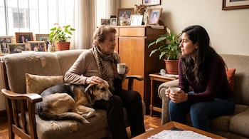 Dos mujeres sentadas en sillones conversan en una sala de estar con un perro recostado junto a una de ellas. Hay plantas, marcos de fotos y muebles de madera.