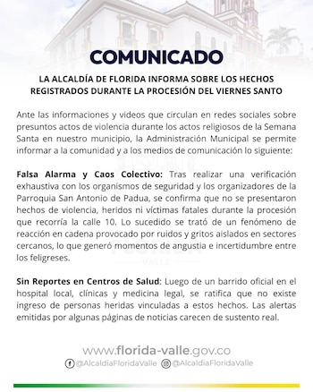 Comunicado oficial sobre el presunto enfrentamiento - crédito Alcaldía de Florida