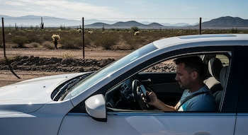 Sedán blanco estacionado en camino de tierra con conductor mirando un teléfono móvil, paisaje desértico con cactuses y una cerca de alambre de púas.