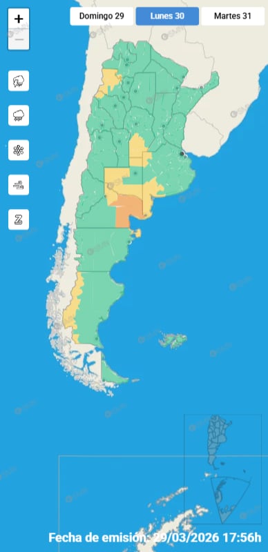 El mapa de alertas vigentes para este lunes