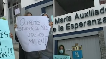 Dos personas sostienen cartel con texto "¡Queremos estudiar sin miedo a que nos maten!". Fachada de colegio con cartel "María Auxiliadora de la Esperanza" y escudo