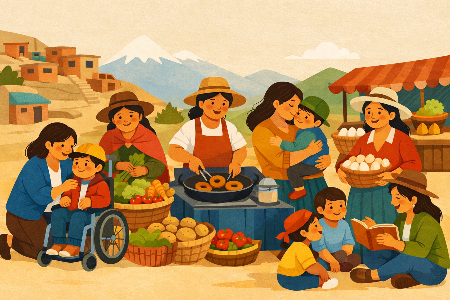 Esta ilustración vibrante celebra el espíritu inquebrantable de las madres peruanas, representadas en diversas facetas de su vida diaria como cuidadoras, trabajadoras y educadoras, sosteniendo a sus familias y comunidades. (Imagen Ilustrativa Infobae)
