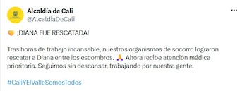 Alcaldía de Cali confirmó que luego de 16 horas de rescate, se logro sacar de los escombros a una mujer de 32 años que permanecía en un edificio en ruinas de Cali luego del terremoto de 7.4 que sacudió a Colombia el 10 de agosto - crédito @AlcaldiaDeCali/X
