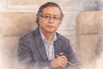 Retrato en acuarela de un hombre con cabello gris y gafas, vestido de traje azul y camisa clara, mirando directamente al frente, sosteniendo un lápiz.