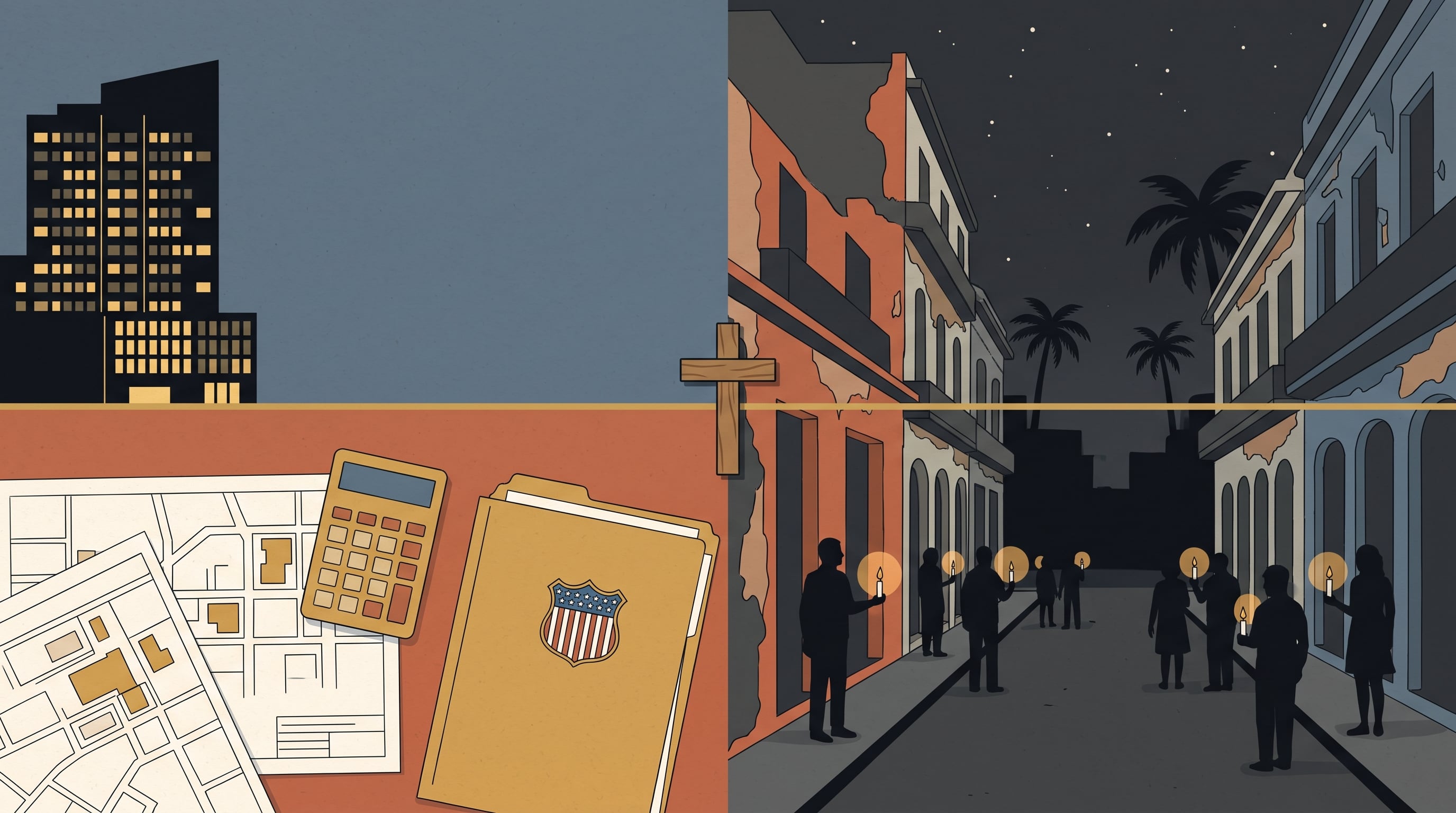 Una composición dividida contrapone un escritorio de trabajo en Miami con una vigilia nocturna con velas en una calle de La Habana en homenaje a Oswaldo Payá. (Imagen Ilustrativa Infobae)