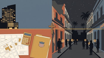 Una ilustración dividida muestra planos, una carpeta y un edificio a la izquierda, y personas con velas en una calle oscura a la derecha.