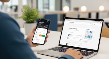 Una persona vista por encima del hombro usa un smartphone con una aplicación de billetera virtual y un laptop abierto mostrando una plataforma de banca digital.