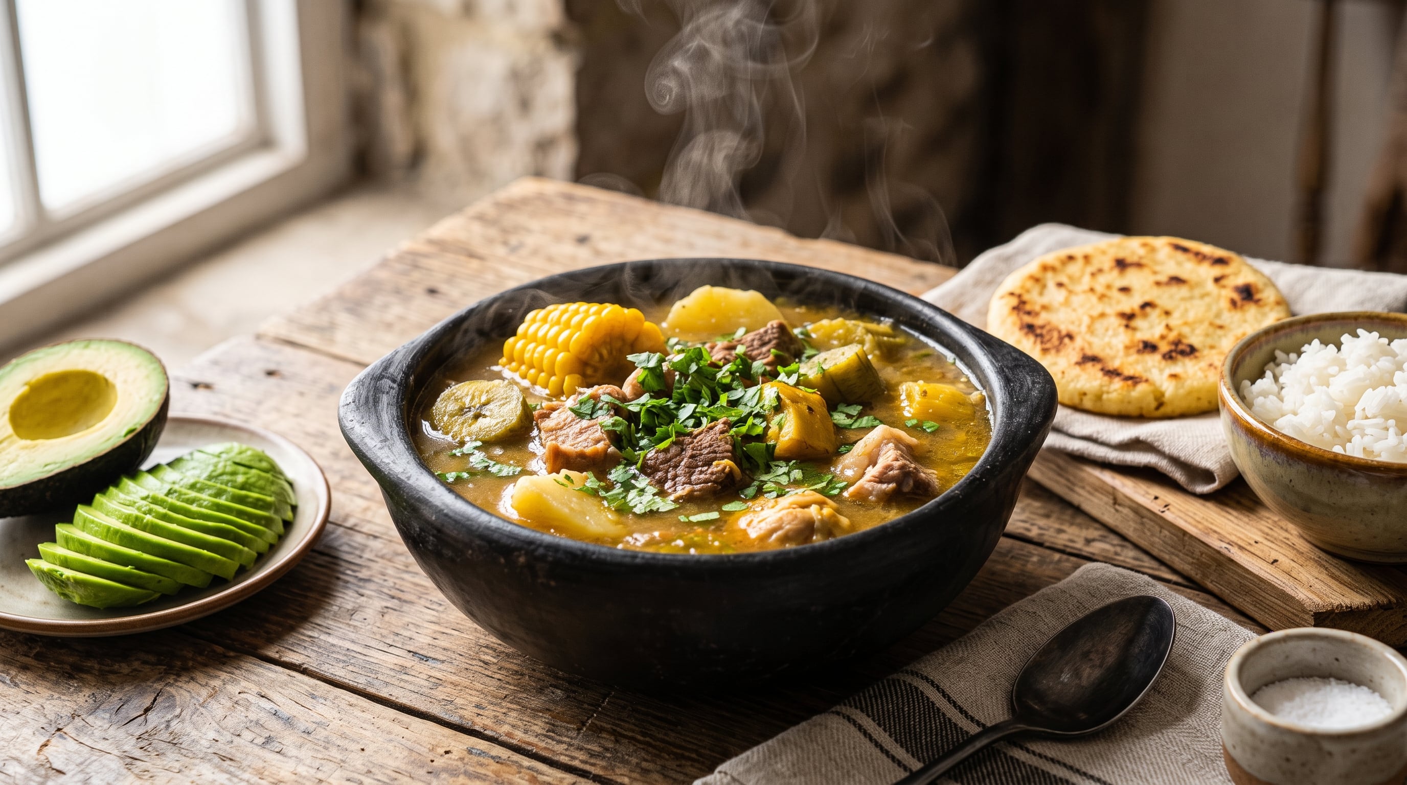 Un plato de sancocho trifásico reposa acompañado de arepa, arroz blanco y aguacate sobre una mesa de madera. (Imagen Ilustrativa Infobae)