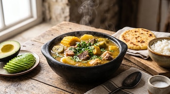 Cuenco de barro con sopa de carne, mazorca y verduras junto a plato con aguacate, arepa y cuenco de arroz.