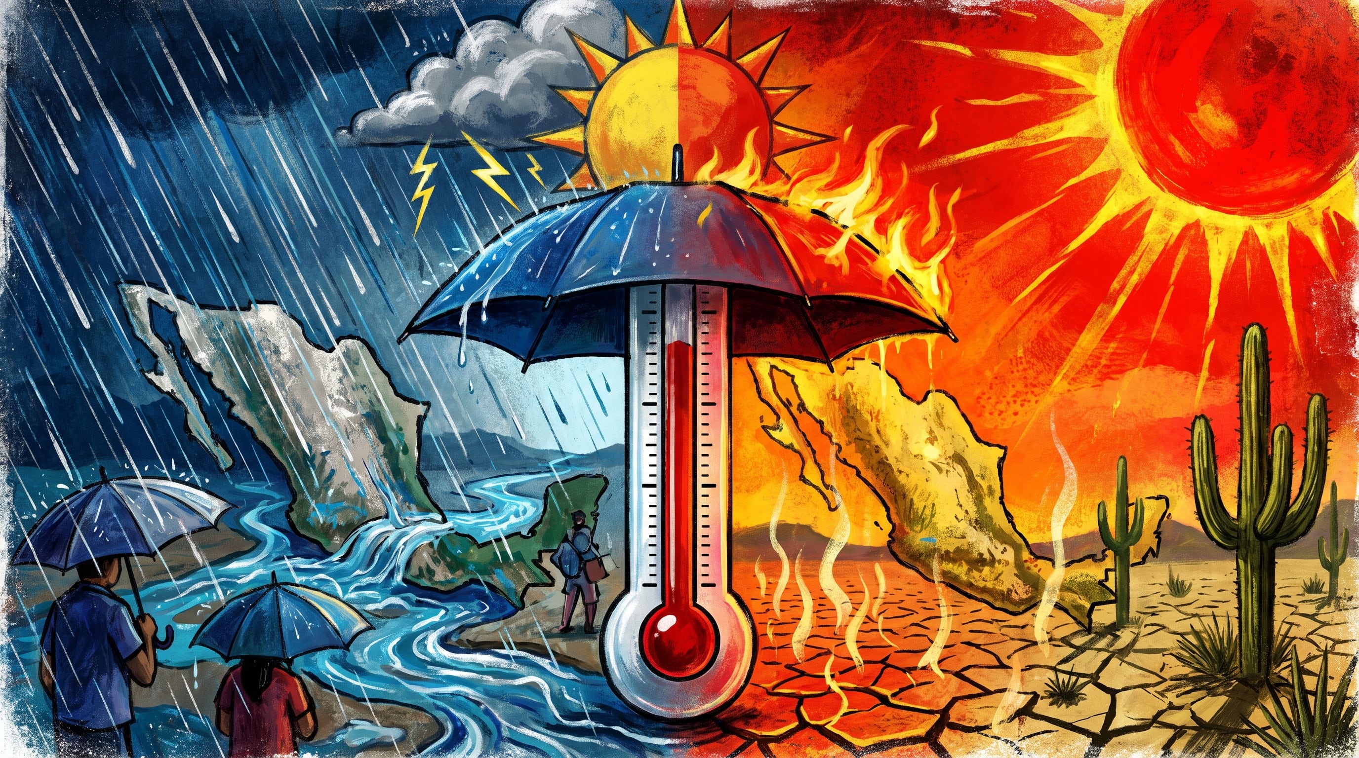 Un termómetro paraguas gigante divide el mapa de México, mostrando lluvias torrenciales con personas bajo paraguas en el sur y sequía con cactus bajo un sol abrasador en el norte. (Imagen Ilustrativa Infobae)