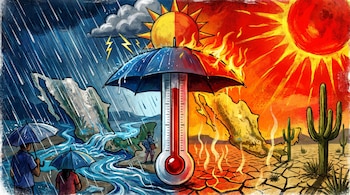Ilustración conceptual de mapa de México. Lado izquierdo con lluvia, personas y ríos. Lado derecho con calor, sequía y cactus. Un termómetro paraguas central.