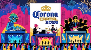 Ilustración plana y colorida del Corona Capital 2026 con logo central, tres escenarios con headliners Gorillaz, Twenty One Pilots, The Strokes y multitudes, fondo de CDMX con fuegos artificiales.