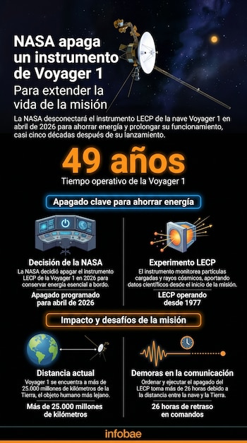 Infografía de la sonda espacial Voyager 1 en el espacio con un sol distante, texto informativo y gráficos sobre la decisión de la NASA de apagar su instrumento LECP.