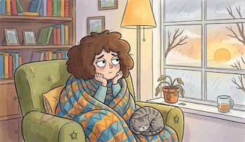 Ilustración: Mujer arropada en un sillón con un gato dormido. Mira por la ventana donde se ve un atardecer lluvioso con árboles desnudos