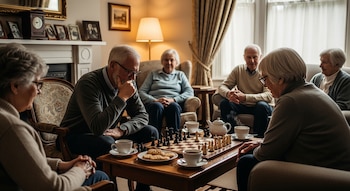 Un grupo de cinco adultos mayores juega ajedrez en una mesa de madera. Hay tazas humeantes, una tetera y galletas. Los demás están sentados alrededor en una sala bien iluminada.