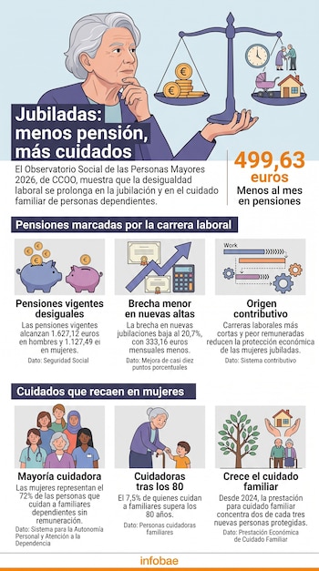 Infografía con una ilustración de una mujer junto a una balanza, acompañada por gráficos sobre pensiones, cuidados familiares y bloques de texto.