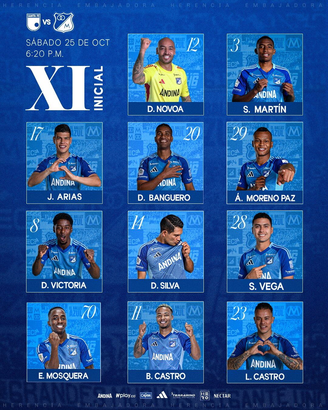 Alineación de Millonarios en El Campín, donde se verá con Santa Fe por la Liga BetPlay - crédito Millonarios FC