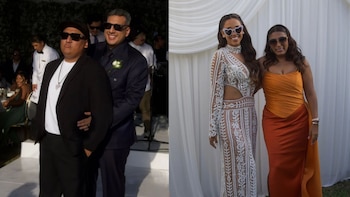 Dos imágenes combinadas que muestran a dos hombres en traje oscuro a la izquierda y a dos mujeres con vestidos de gala a la derecha