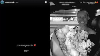 Dos publicaciones de redes sociales con textos superpuestos y la fotografía en blanco y negro de una mujer sonriente con flores dentro de un auto