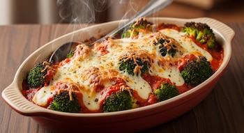 Plato ovalado de cerámica con brócoli gratinado a la parmesana y salsa roja, con queso derretido y burbujeante, humeando sobre una mesa de madera. Una cuchara en el plato.