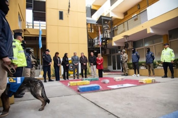 Un grupo de funcionarios y policías, incluido Rogelio Frigerio, de pie frente a varios paquetes de drogas incautadas en un patio, con un perro policía en primer plano