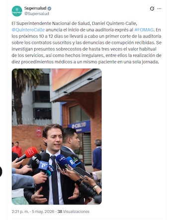 La Superintendencia Nacional de Salud informó sobre el inicio de una auditoría exprés al Fomag. Se investigarán irregularidades y sobrecostos - crédito @Supersalud/X