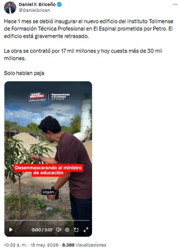 Universidad El Espinal: Daniel Briceño afirmó que la obra avanza menos del 10% y cuesta el doble de lo pactado - crédito @danielbricen/X