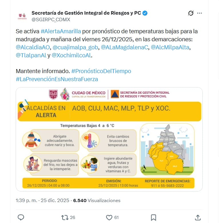 Activan alerta por frío en seis alcaldías de la CDMX para el 26 de diciembre (X/ @SGIRPC_CDMX)