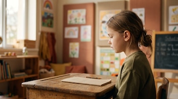 Niña de perfil con un suéter verde sentada en un escritorio de madera con un cuaderno abierto en un aula escolar.