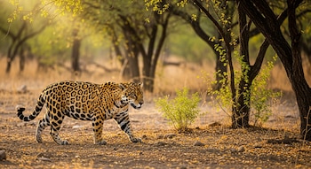 Jaguar adulto de pelaje dorado y negro caminando sobre tierra seca entre árboles y matorrales con hojas caídas bajo luz solar.
