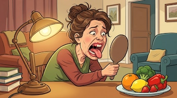 Caricatura de una mujer con el cabello recogido, rostro alarmado, mirando sus encías inflamadas y sangrantes en un espejo de mano, con frutas y verduras en la mesa.