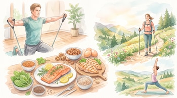 Ilustración de un hombre con bandas elásticas, platos con salmón, pollo y verduras, y mujeres que hacen senderismo y yoga.