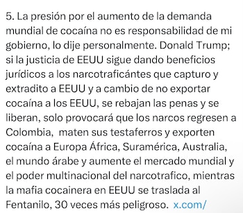 Publicación en X.com del usuario Gustavo Petro con su foto y nombre, mostrando un texto en español estructurado en cuatro puntos sobre política antinarcóticos