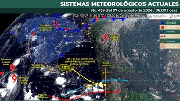 Mapa de los sistemas meteorológicos que influirán en el clima de México este miércoles 7 de agosto